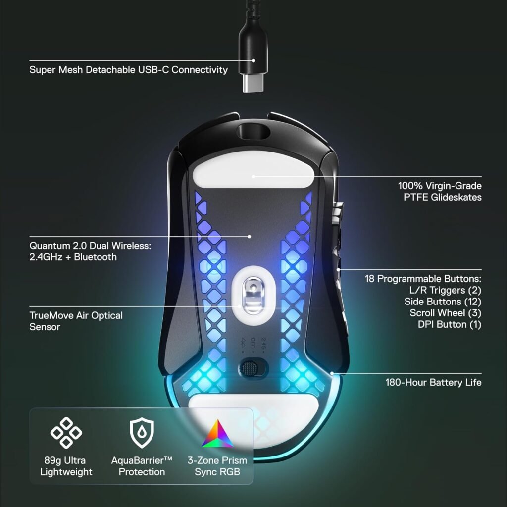 SteelSeries Aerox 9 Wireless gaming mouse with 18 programmable buttons, ultra-lightweight design